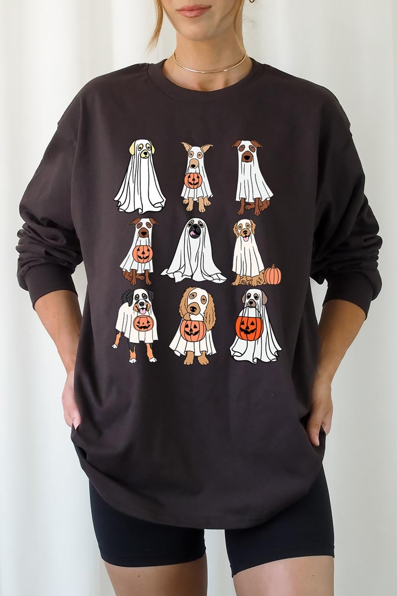 UL240-E3106 Halloween Ghost Dog Graphic Long Sleeve Tee $13.75