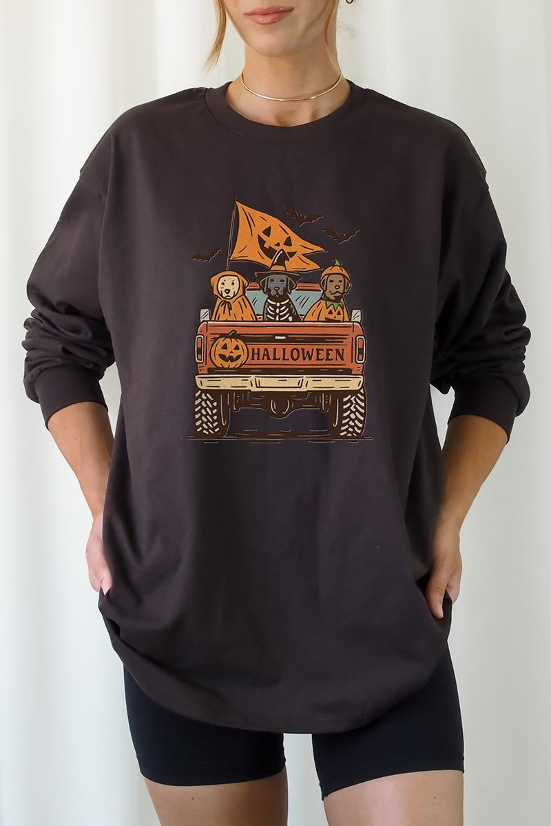 UL240P-E3150 Halloween Truck Dogs Graphic Plus Long Sleeve Tee $17