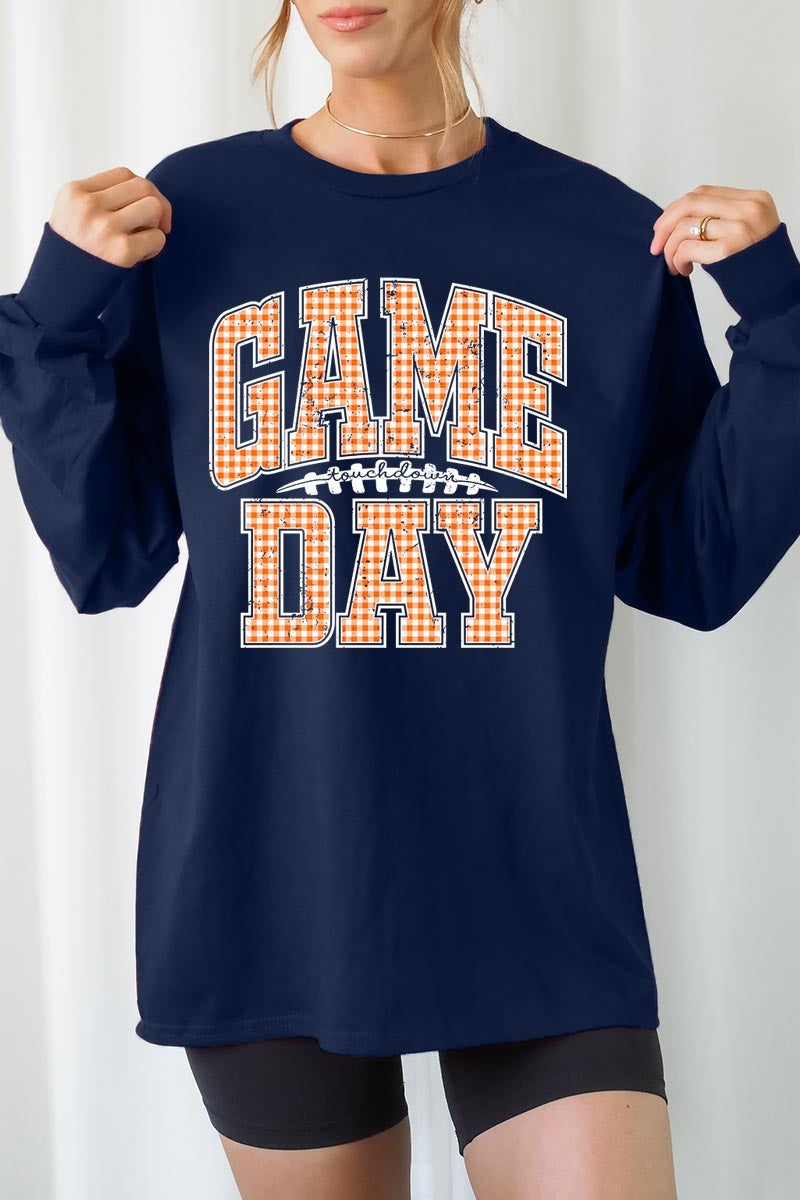 UL240-E3129 Orange Gingham Game Day Graphic Long Sleeve Tee $13.75