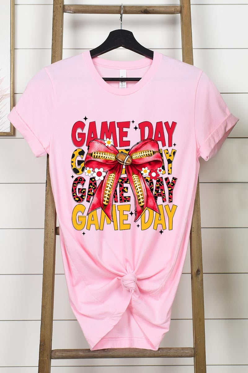US3001P-E3091 Red Yellow Football Game Day Bow Graphic Plus Tee $16