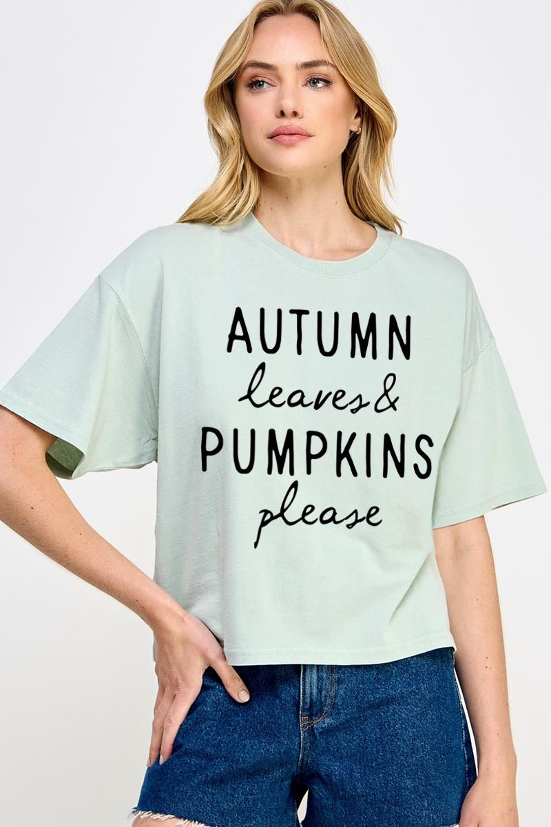CTS-E3158 Autumn Leaves Pumpkins Graphic Relaxed Crop Top $11