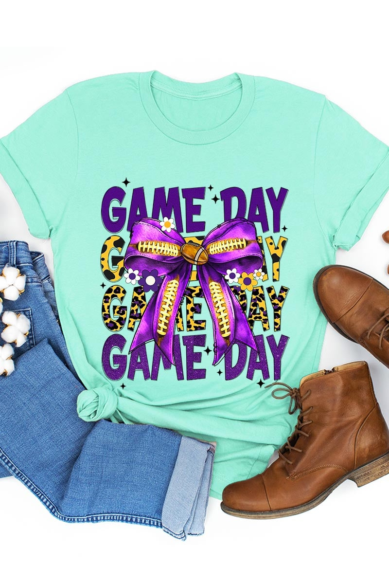 US3001-E3092 Purple Yellow Football Game Day Bow Graphic Tee $12.5