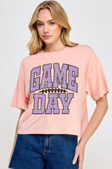 CTS-E3127 Purple Gingham Game Day Graphic Relaxed Crop Top $11