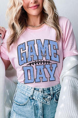 US3001-E3130 Blue Gingham Game Day Graphic Tee $12.5