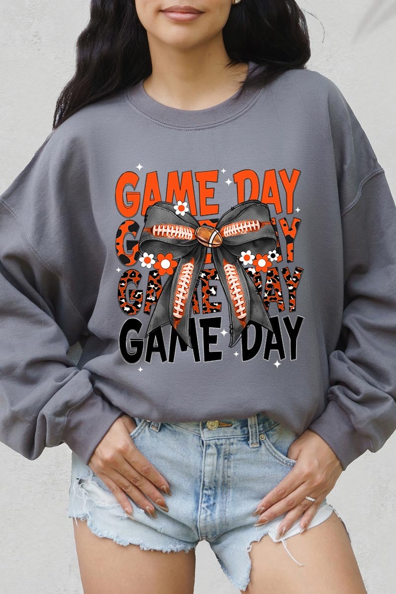 UL180P-E3088 Orange Black Football Game Day Bow Plus Sweatshirt $25