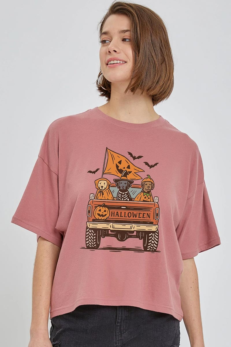 CTS-E3150 Halloween Truck Dogs Graphic Relaxed Crop Top $11