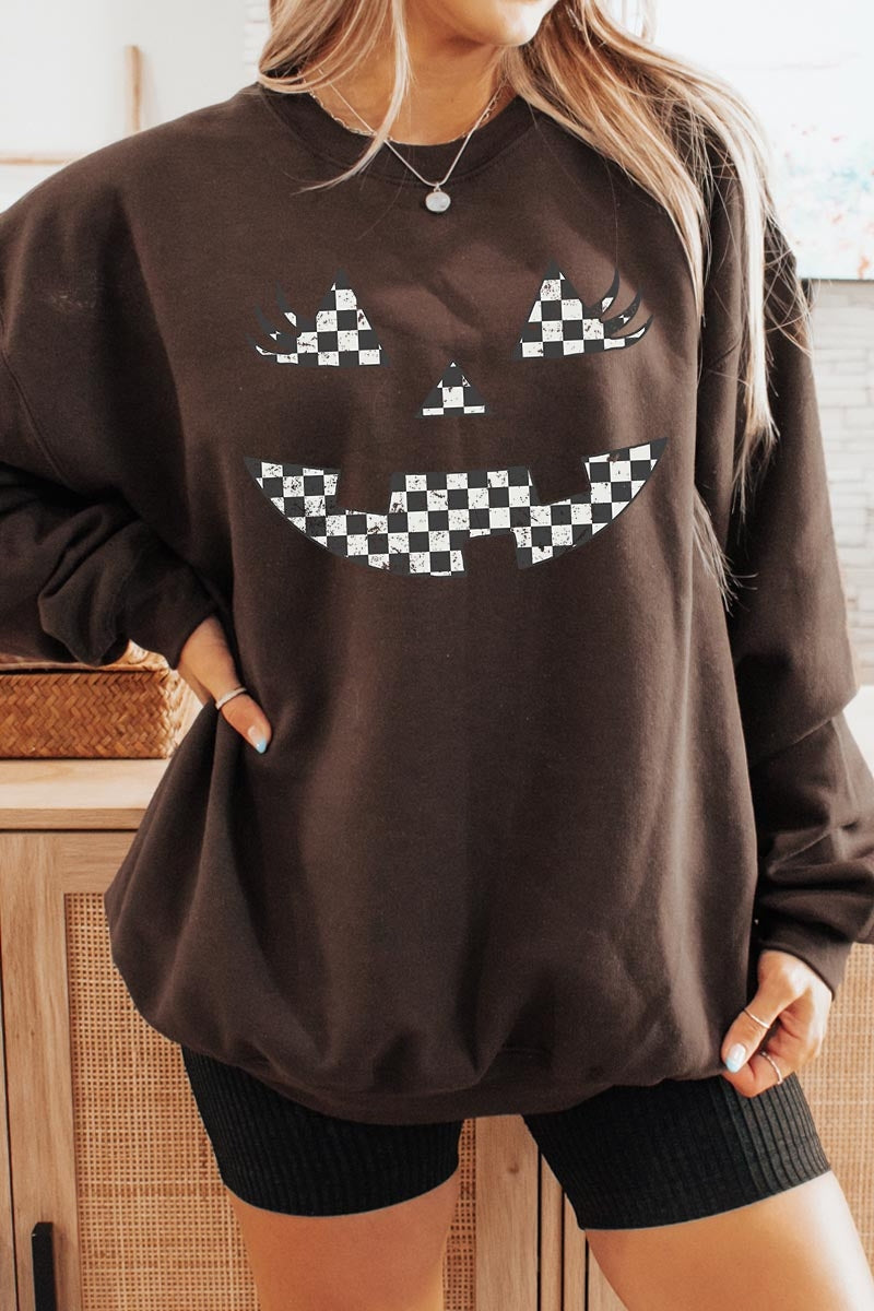 UL180-E3149 Checker Pumpkin Face Graphic Sweatshirt $20