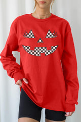 UL240P-E3149 Checker Pumpkin Face Graphic Plus Long Sleeve Tee $17