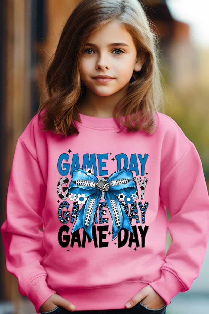 UL180B-E3089Z Blue Silver Football Game Day Bow Kids Sweatshirt $20