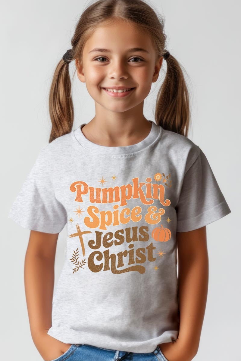 US3001Y-E3164Z Pumpkin Spice & Jesus Kids Graphic Tee $11