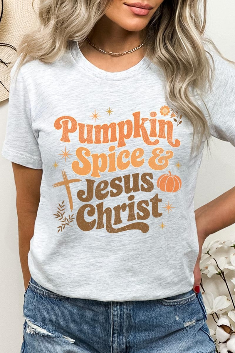 US3001P-E3164 Pumpkin Spice & Jesus Graphic Plus Tee $16