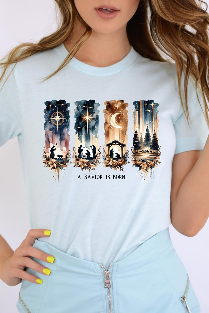 US3001P-E3204 Savior Is Born Nativity Graphic Plus Tee $16