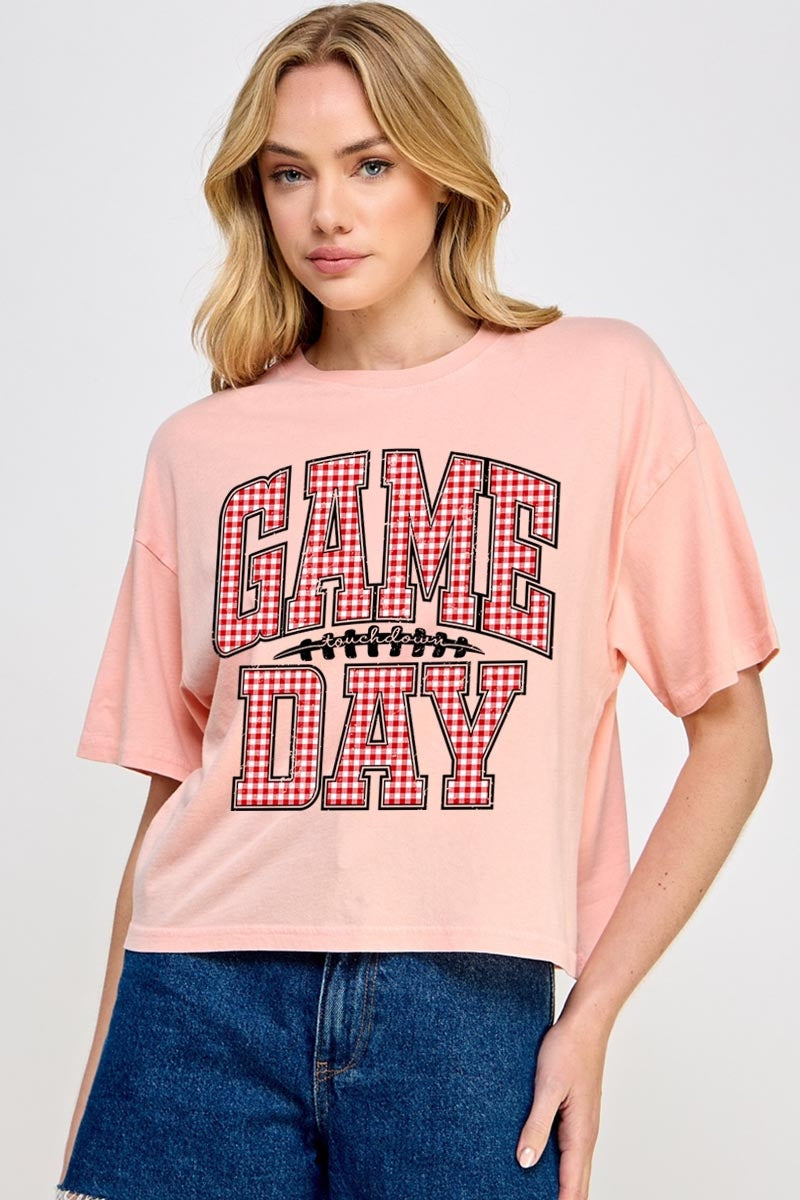 CTS-E3126 Red Gingham Game Day Graphic Relaxed Crop Top $11