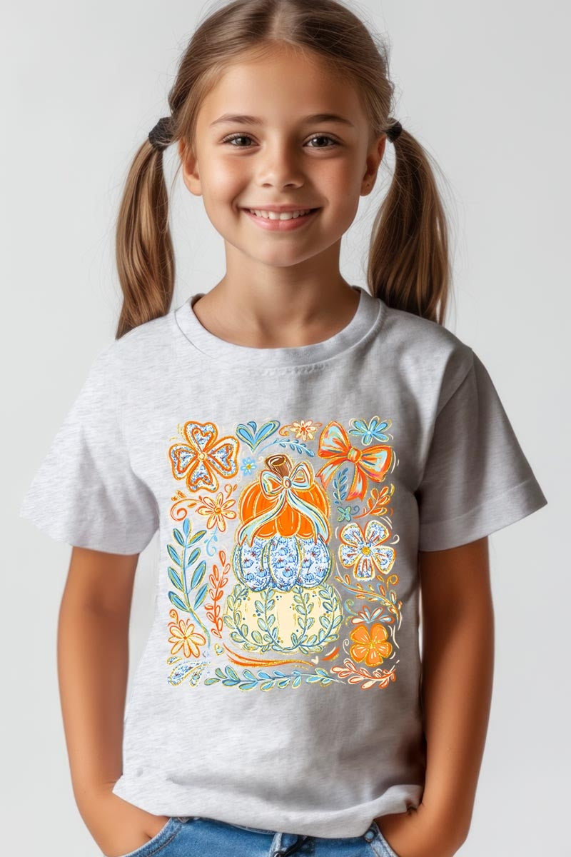 US3001Y-E3153Z Floral Pumpkin Stack Kids Graphic Tee $11
