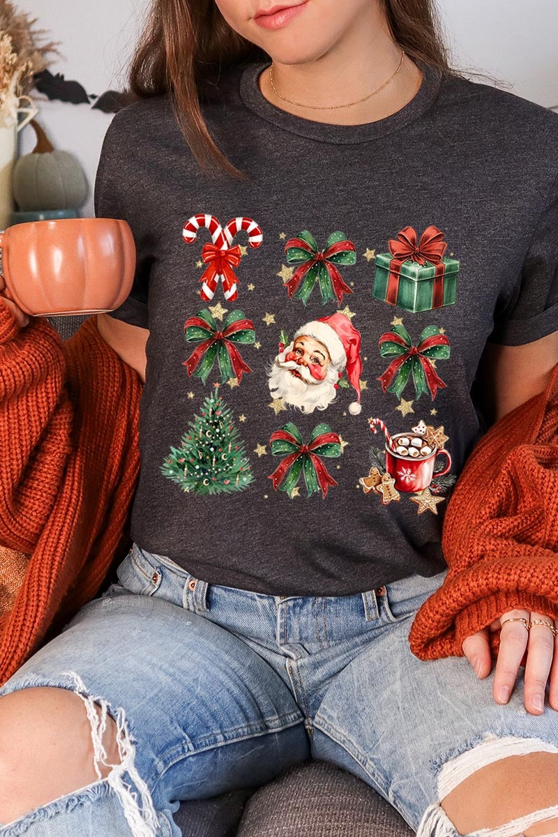 US3001-E3217 Santa Gifts & Bows Christmas Graphic Tee $12.5