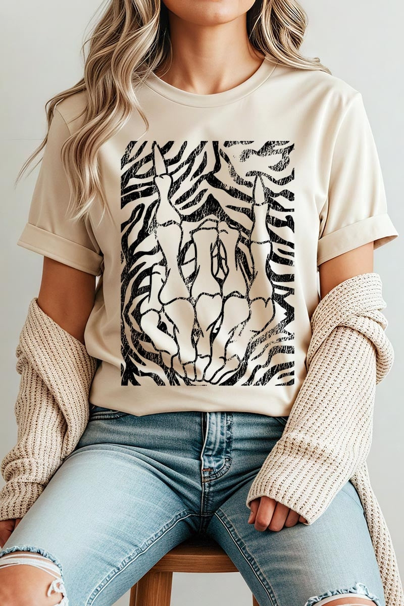 US3001P-E3177 Skeleton Hands Zebra Graphic Plus Tee $16