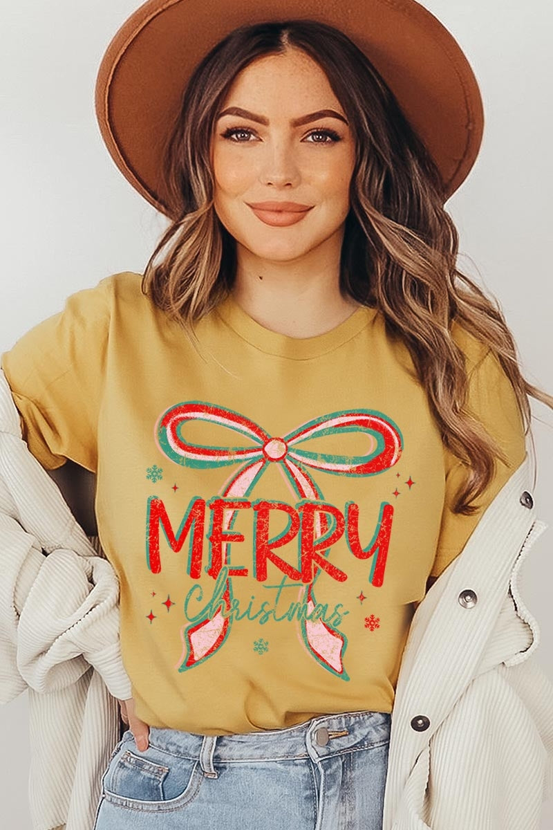 US3001P-E3197 Merry Christmas Bow Graphic Plus Tee $16