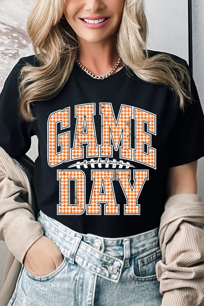 US3001P-E3129 Orange Gingham Game Day Graphic Plus Tee $16