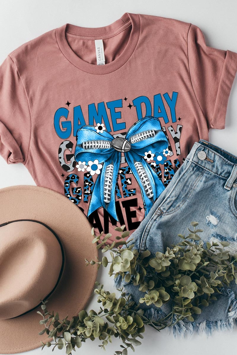 US3001-E3089 Blue Silver Football Game Day Bow Graphic Tee $12.5