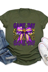 US3001-E3092 Purple Yellow Football Game Day Bow Graphic Tee $12.5