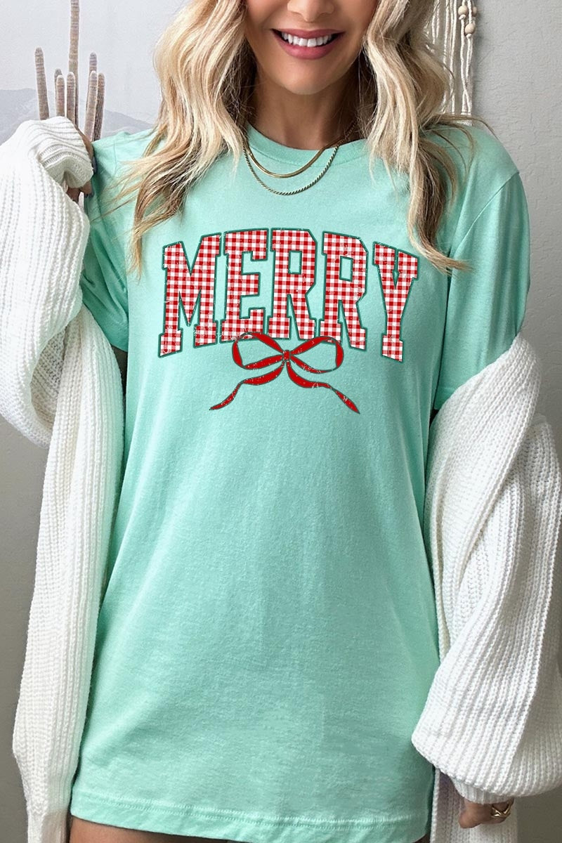 US3001P-E3206 Plaid Merry Christmas Bow Graphic Plus Tee $16