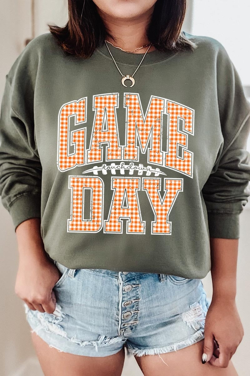 UL180P-E3129 Orange Gingham Game Day Graphic Plus Sweatshirt $25