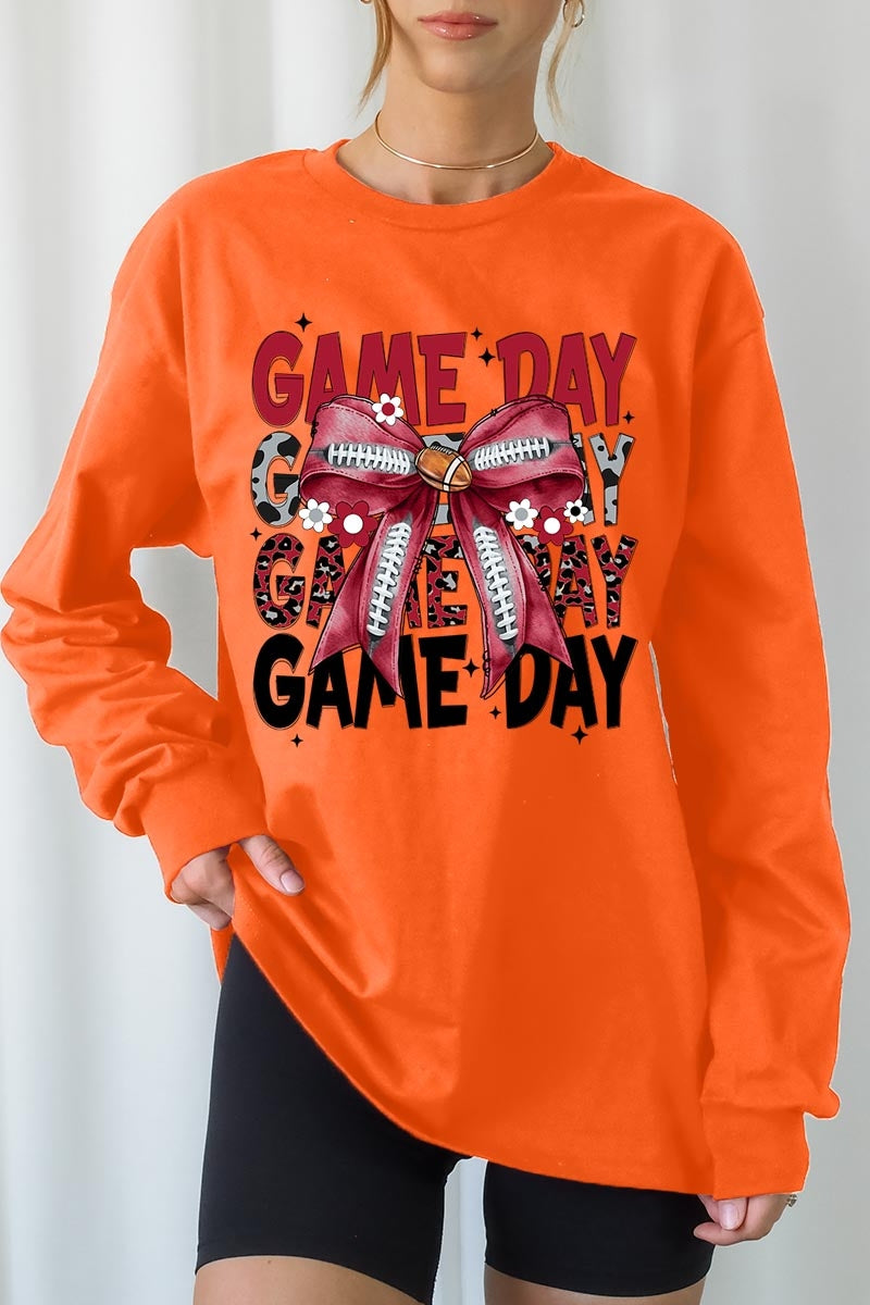 UL240-E3093 Red Silver Football Game Day Bow Long Sleeve Tee $13.75
