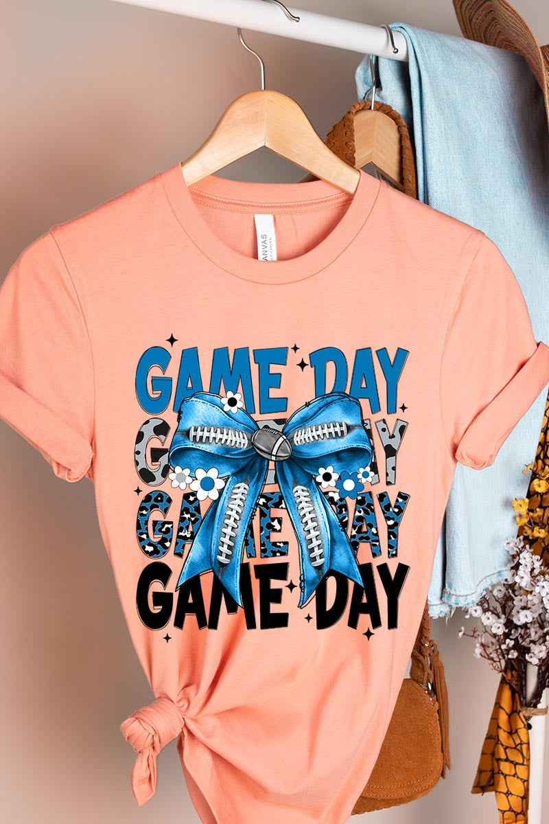 US3001-E3089 Blue Silver Football Game Day Bow Graphic Tee $12.5