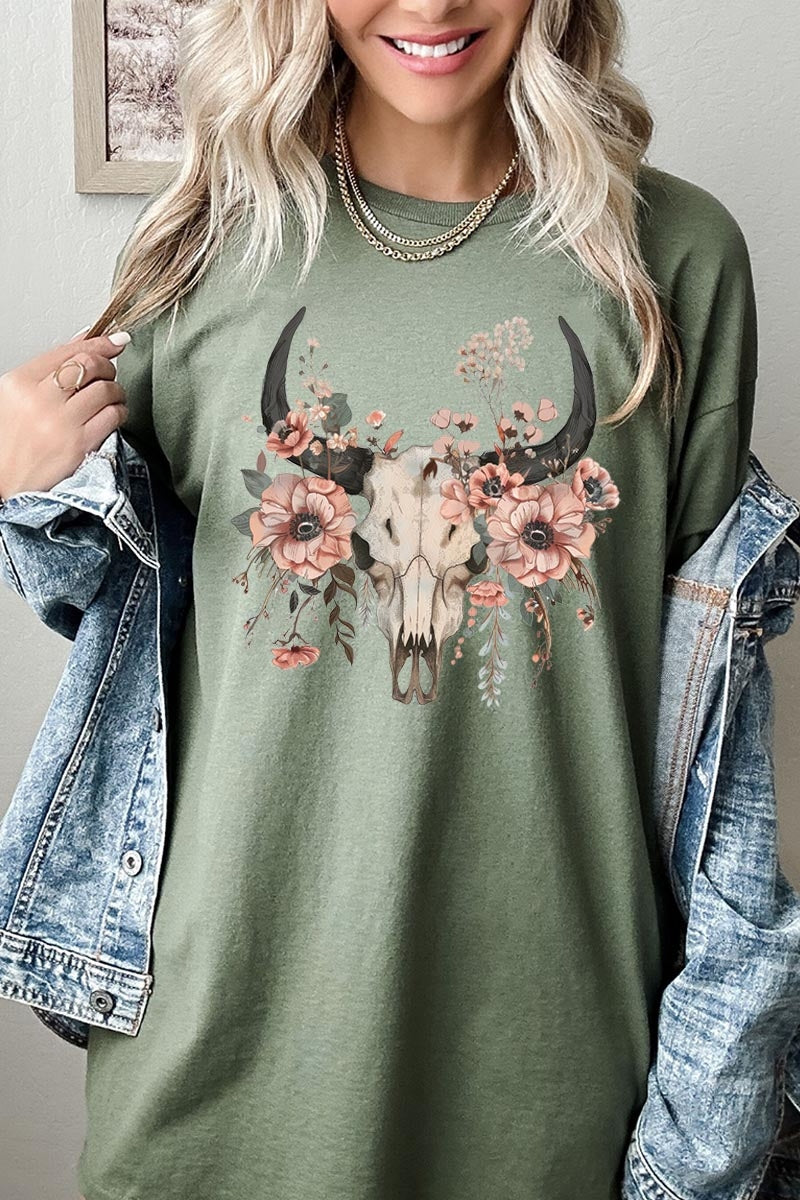 5000P-E3113 Western Skull Floral Graphic Plus Heavy Cotton Tee $12.75