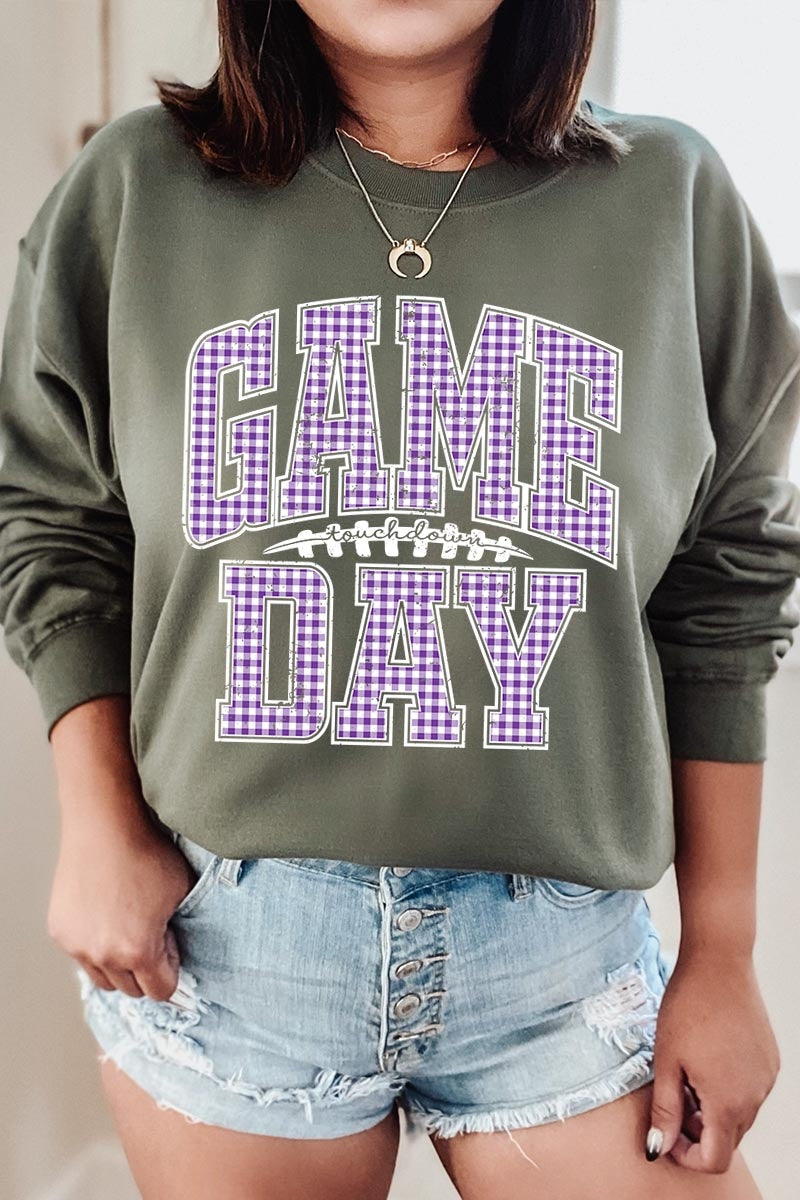 UL180-E3127 Purple Gingham Game Day Graphic Sweatshirt $20
