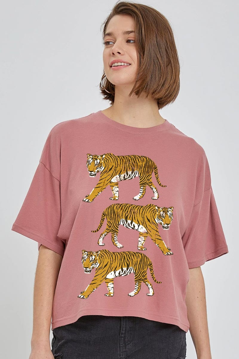 CTS-E3104 Retro Tigers Graphic Relaxed Crop Top $11