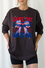 UL240-E3087 Red Blue Football Game Day Bow Long Sleeve Tee $13.75