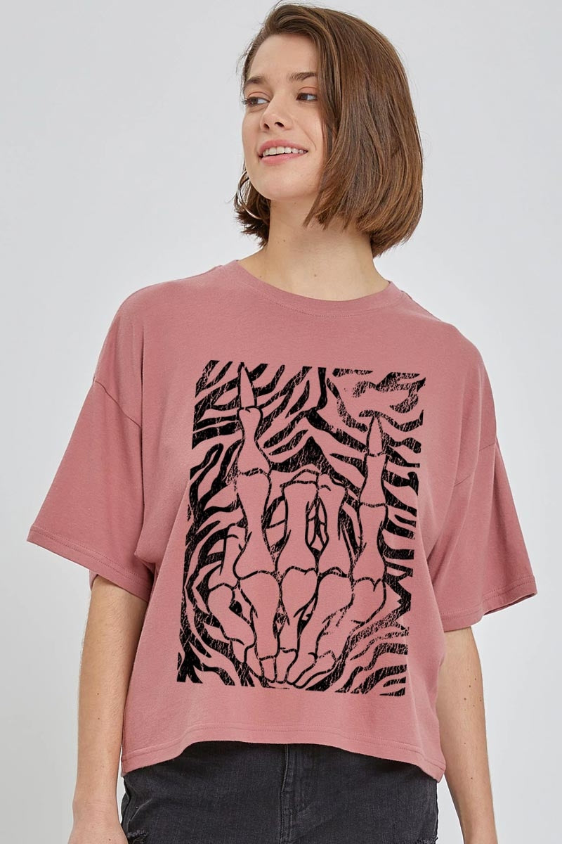 CTS-E3177 Skeleton Hands Zebra Graphic Relaxed Crop Top $11