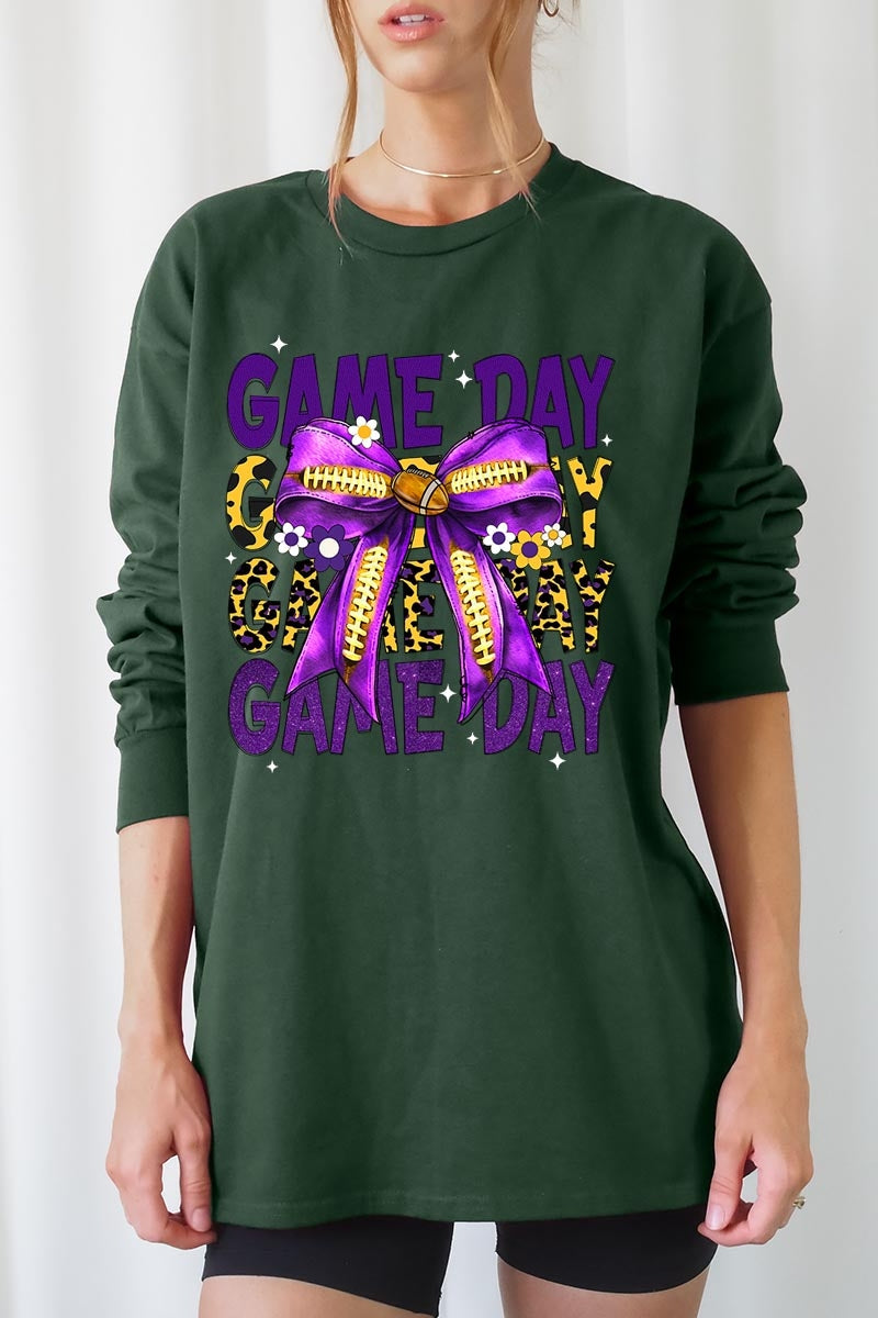 UL240-E3092 Purple Yellow Football GameDay Bow Long Sleeve Tee $13.75