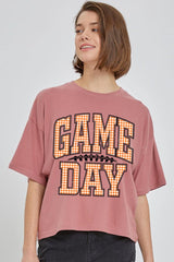 CTS-E3129 Orange Gingham Game Day Graphic Relaxed Crop Top $11