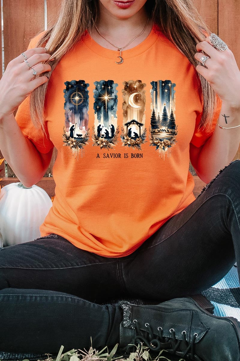 US3001P-E3204 Savior Is Born Nativity Graphic Plus Tee $16