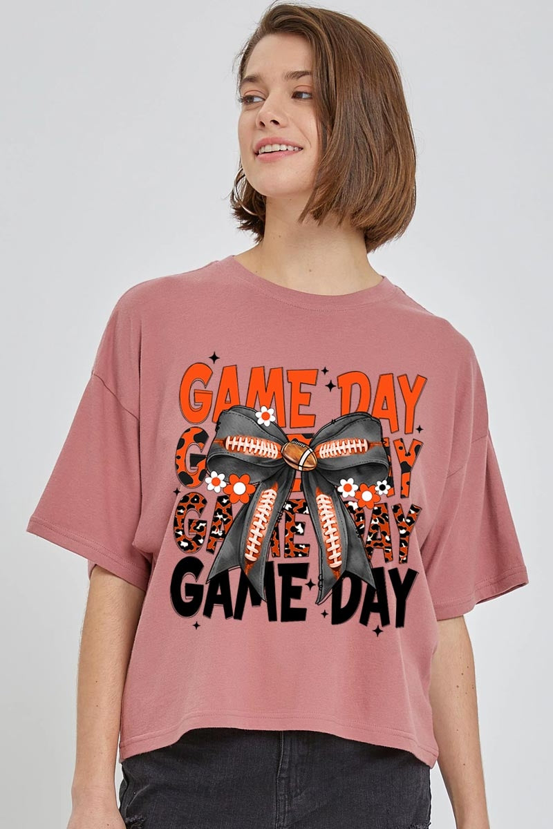 CTS-E3088 Orange Black Football GameDay Bow Relaxed Crop Top $11