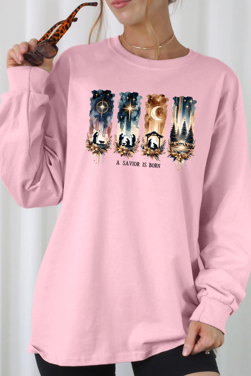 UL240-E3204 Savior Is Born Nativity Graphic Long Sleeve Tee $13.75