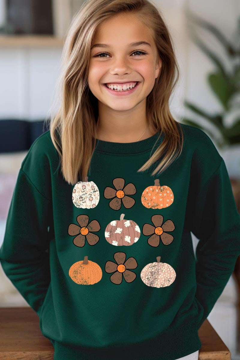UL180B-E3117Z Pumpkins & Flowers Fall Kids Graphic Sweatshirt $20