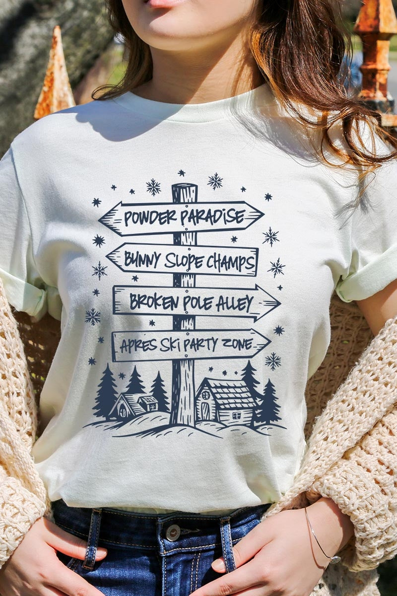 US3001P-E3189 Ski Lodge Signs Graphic Plus Tee $16