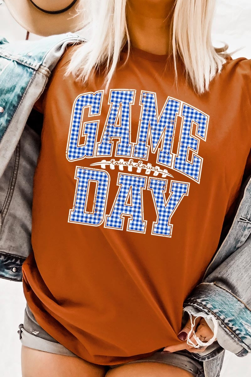 US3001P-E3130 Blue Gingham Game Day Graphic Plus Tee $16