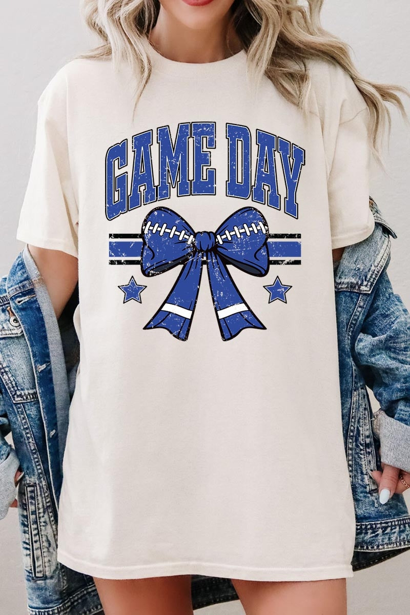 5000-E3065 Blue Football Bow Graphic Heavy Cotton Tee $9
