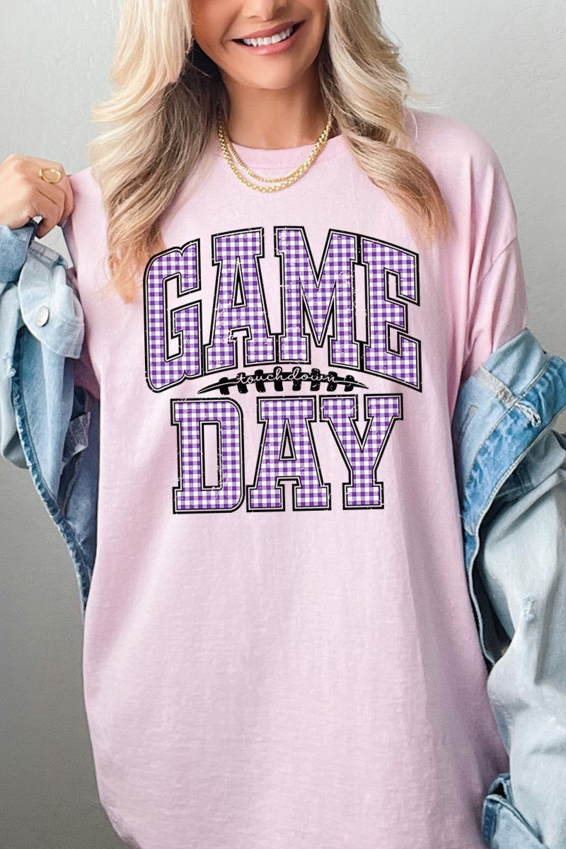 5000-E3127 Purple Gingham Game Day Graphic Heavy Cotton Tee $9