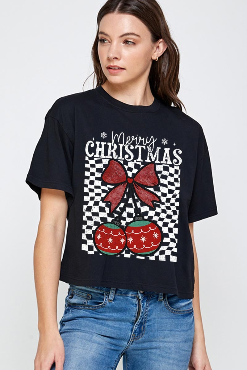 CTS-E3196 Cherry Ornament Christmas Graphic Relaxed Crop Top $11