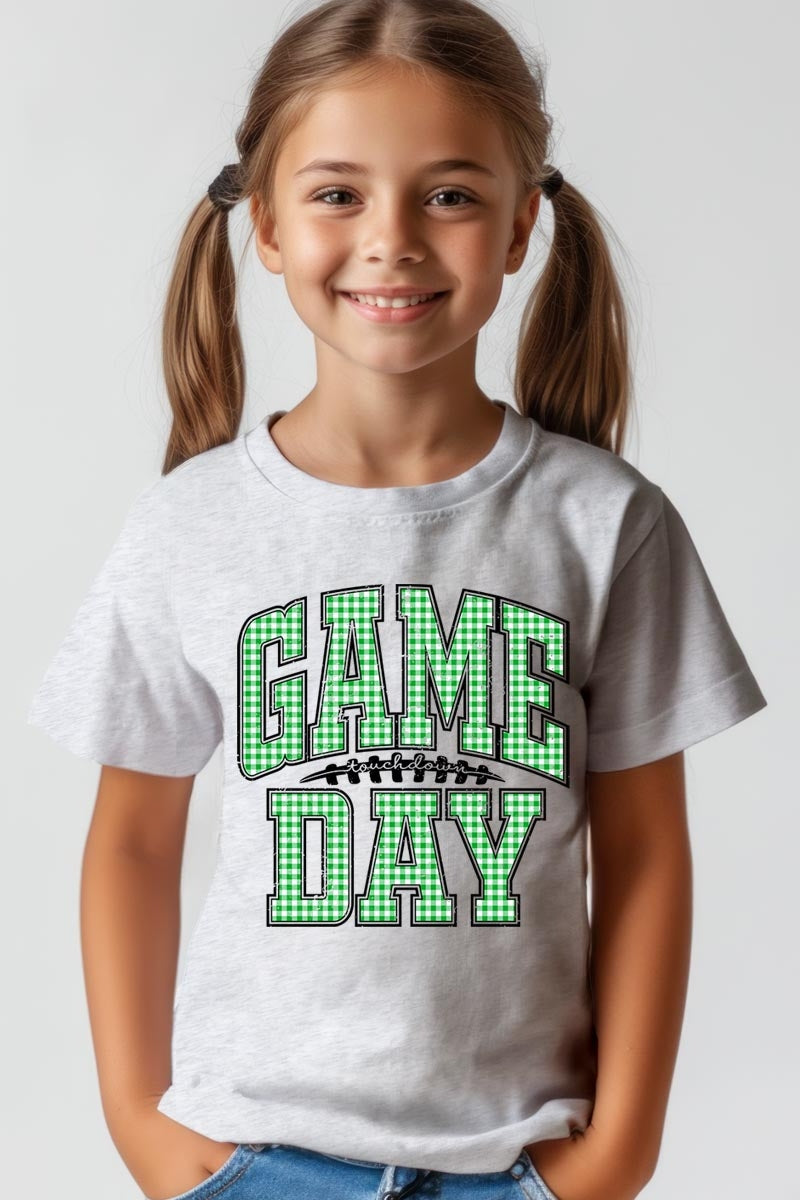 US3001Y-E3128Z Green Gingham Game Day Kids Graphic Tee $11
