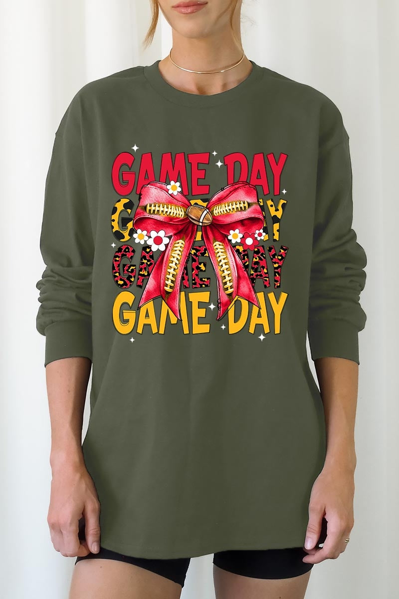 UL240-E3091 Red Yellow Football Game Day Bow Long Sleeve Tee $13.75