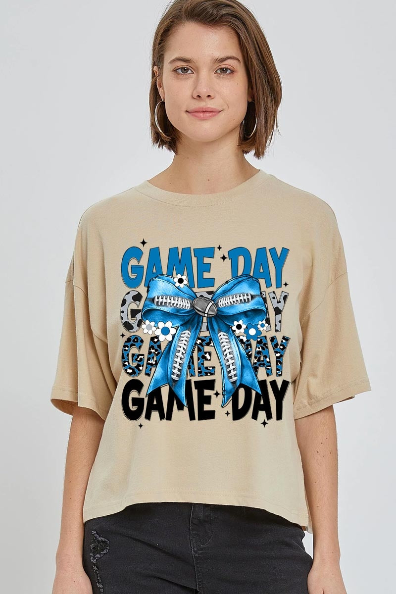 CTS-E3089 Blue Silver Football Game Day Bow Relaxed Crop Top $11