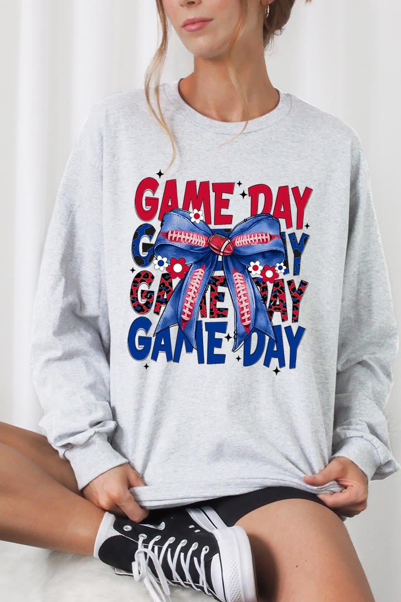 UL240P-E3087 Red Blue Football GameDay Bow Plus Long Sleeve Tee $17