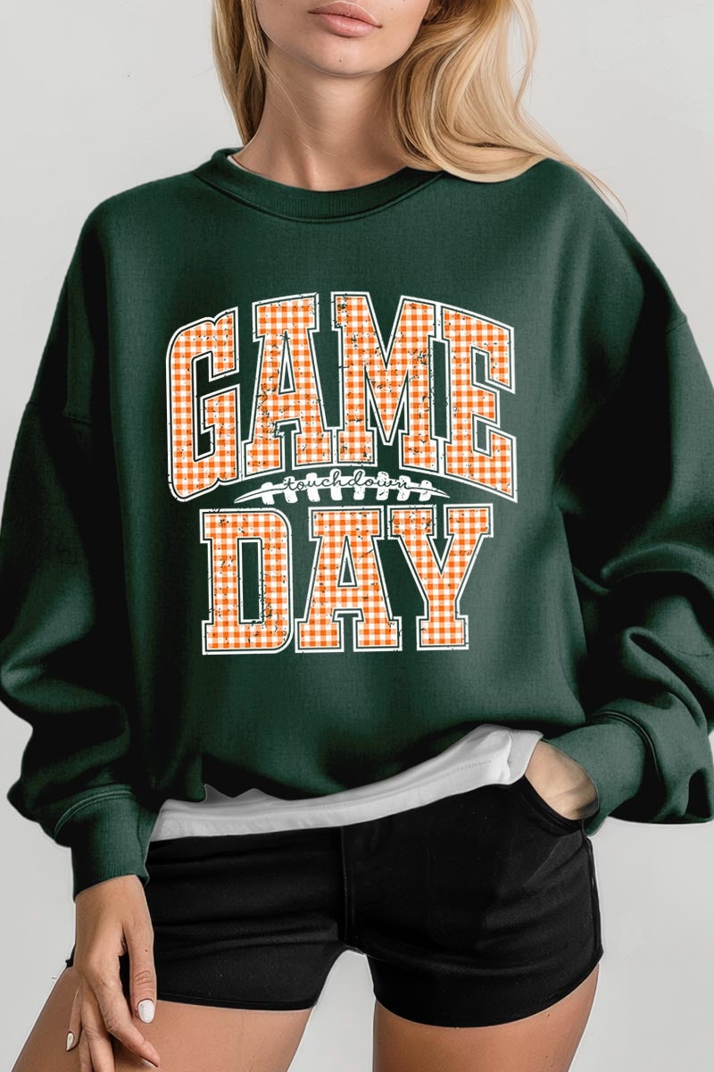 UL180P-E3129 Orange Gingham Game Day Graphic Plus Sweatshirt $25