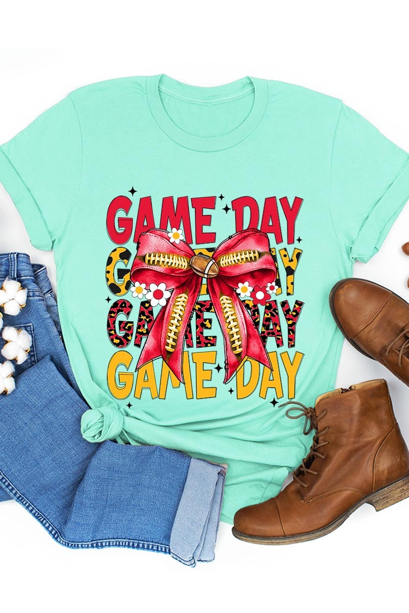 US3001-E3091 Red Yellow Football Game Day Bow Graphic Tee $12.5